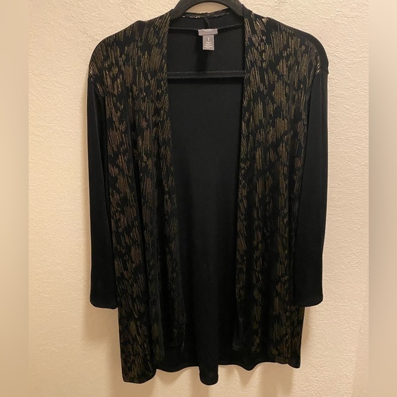 Chico's Sweaters - Chico's Travelers Black Open Front Cardigan With Gold Deco Print Size 1 (M)
